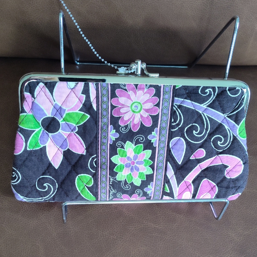Vera Bradley Wallet, Double Clasp, Brown Floral, Pink, Green, Purple